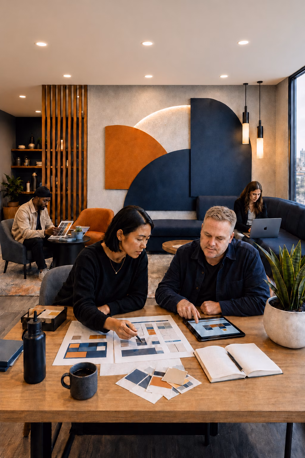 Creative team collaborating on brand colors and design concepts around a table