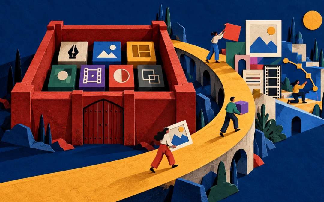 Creatives follow a golden path around a closed fortress of design apps, building an open creative workspace beyond its walls.